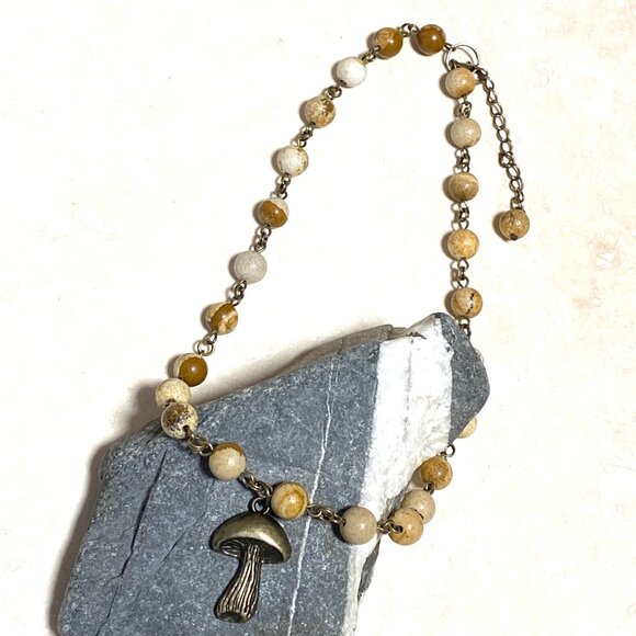 Genuine Yellow Picture Jasper Short Necklace, Bronze Slim Mushroom + Gemstone - Picture 6 of 15